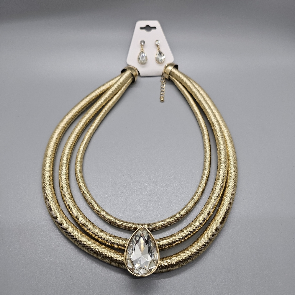 Fashion Jewerly Teardrop Gem Gold Thread Multi Necklace & Earring Set